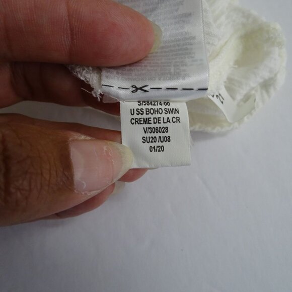 Old Navy Cream Boho Tunic Top Tassel Tie Women Size L Crinkle Rayon Short Sleeve - Picture 6 of 8